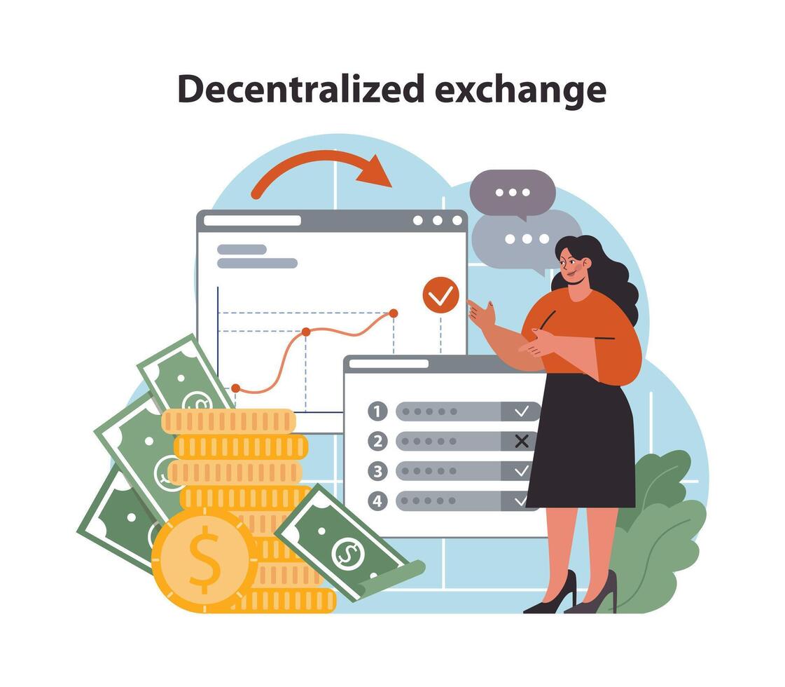 DeFi, decentralized finance. Cryptocurrency decentralized exchange. vector