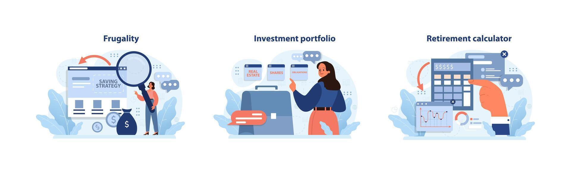 Financial independence, FIRE concept set. Money savings and investment vector
