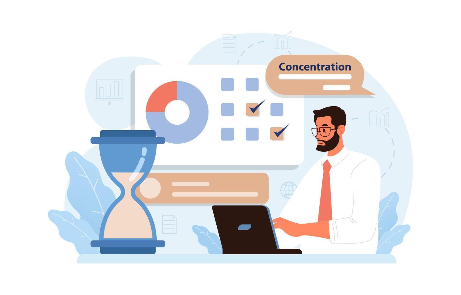 Hyperfocus. Focus and concentration skill. Self-discipline and time vector