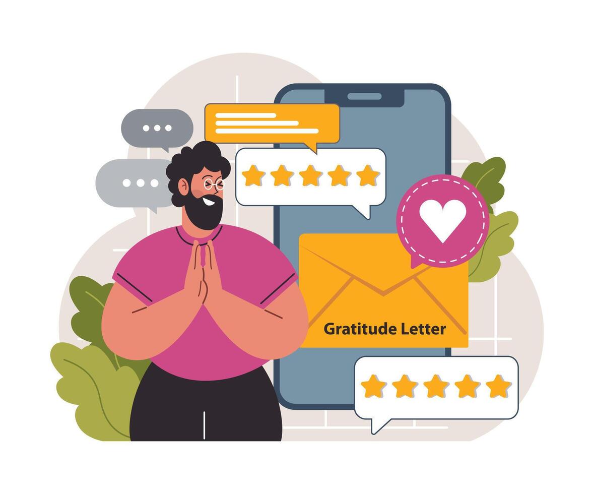 Gratitude latter. Grateful and thankful character sending or receiving vector