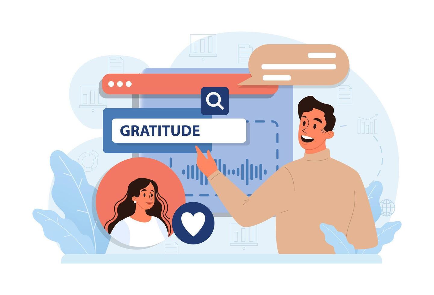Gratitude. Grateful and thankful character. Man sharing appreciation vector