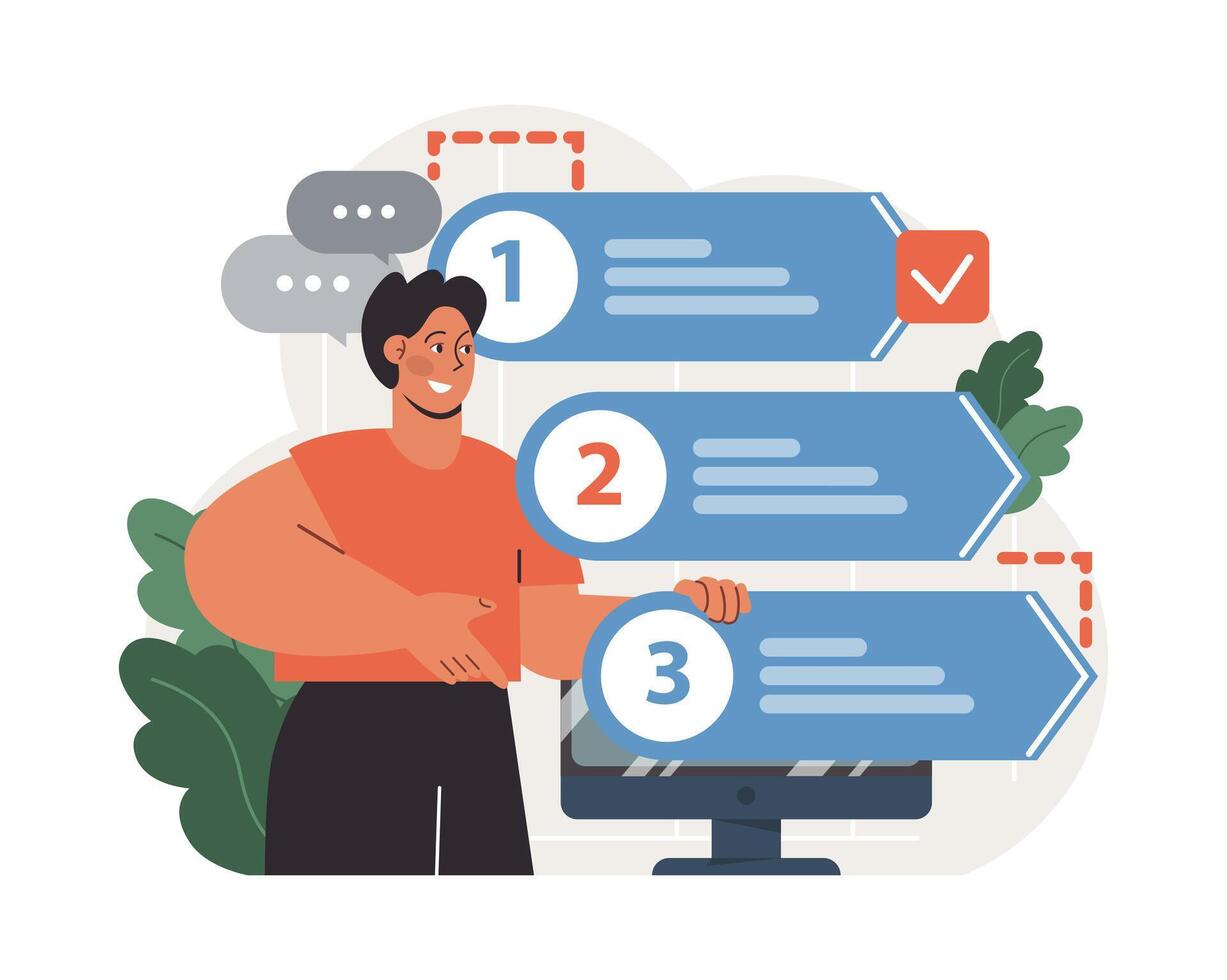 Progress. Work optimization and efficiency. Character moving vector