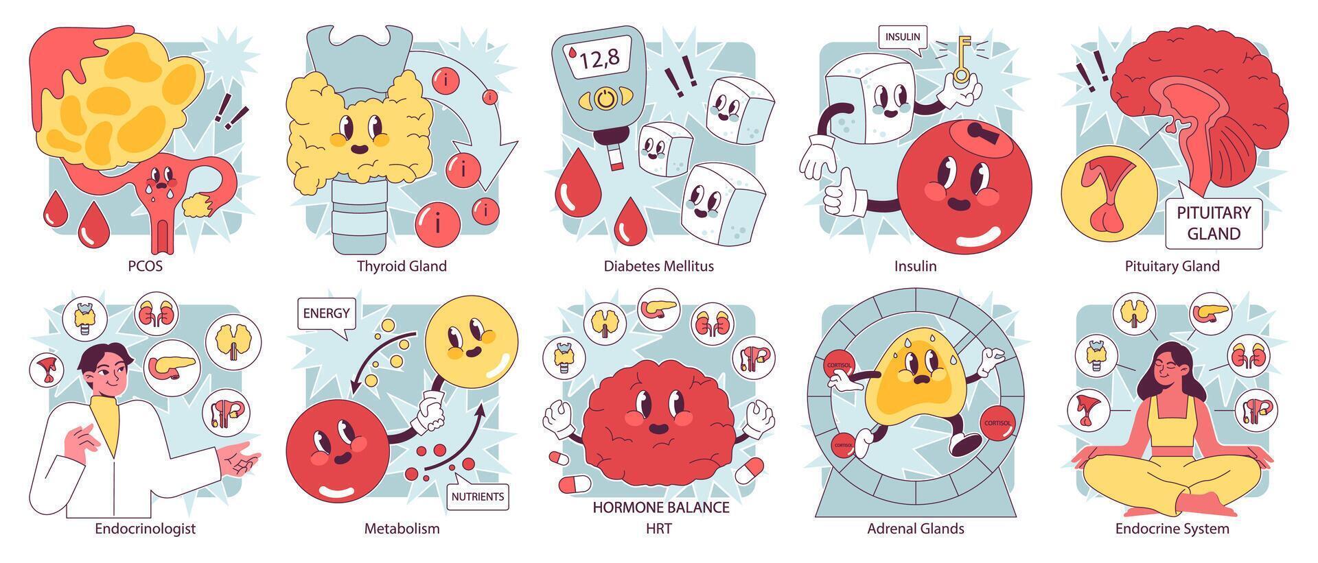 Endocrine system organs and disease set. Human glands function. Pituitary vector