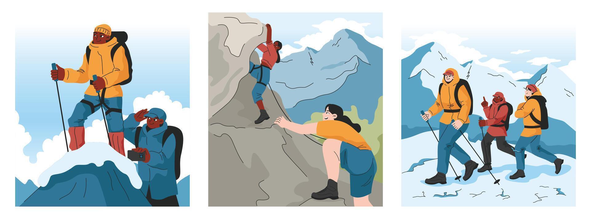 Mountaineering set. Mountain climbers with backpacks during nature vector