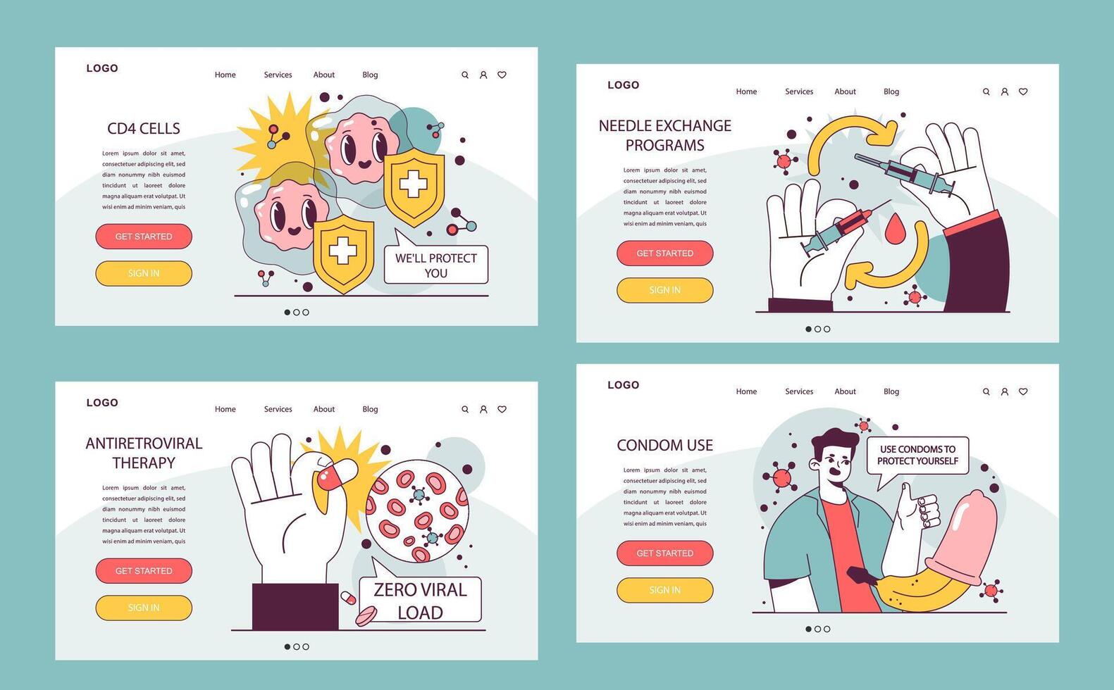 World AiDs day web banner or landing page set. HIV, immunodeficiency vector