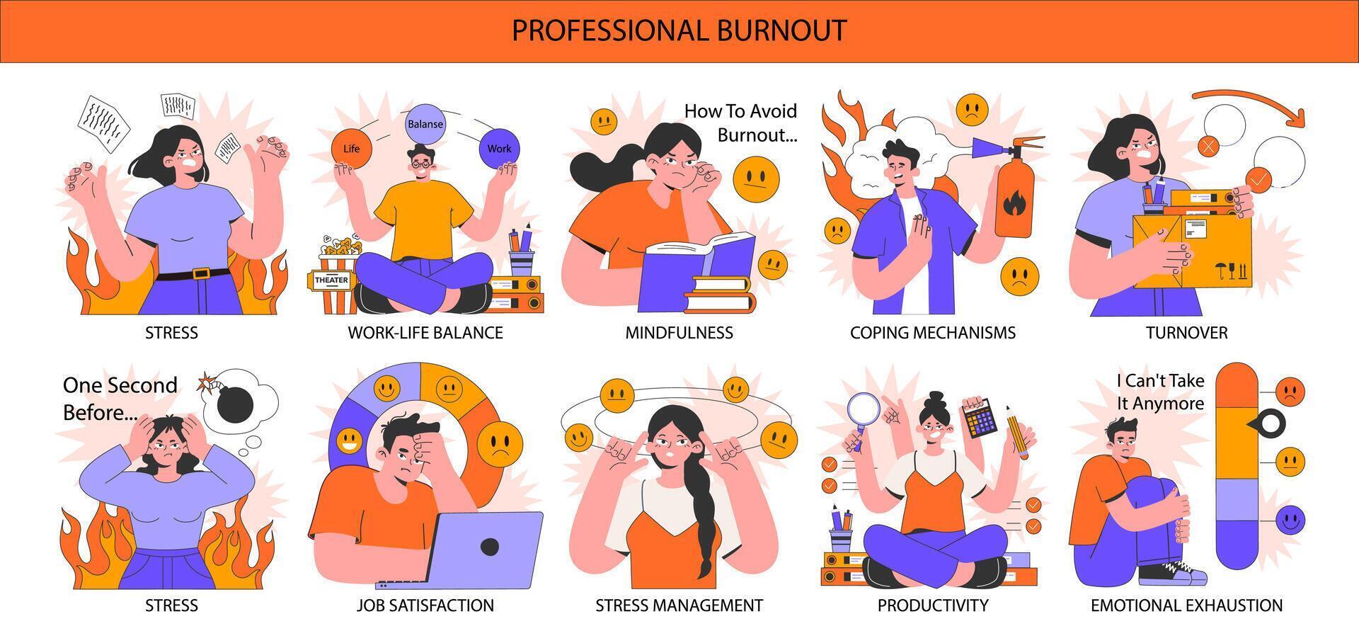 Professional burnout set. Young employee on fire at workplace. Office worker vector