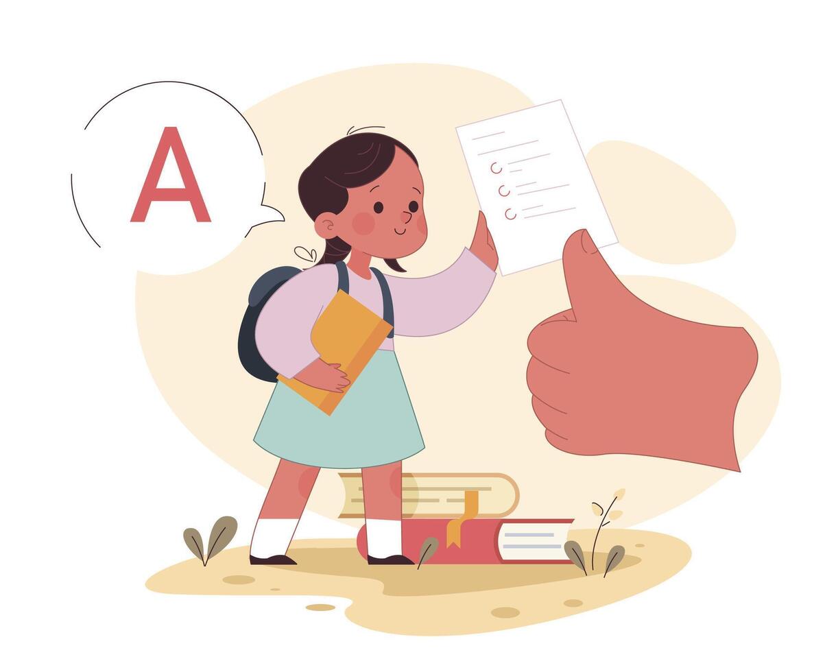 Little girl showing good school performance with A grade. Positive impact vector