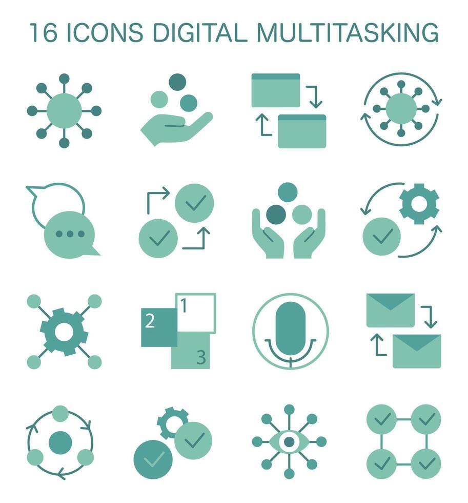 Digital multitasking icons set. Effectiveness and competence, media vector