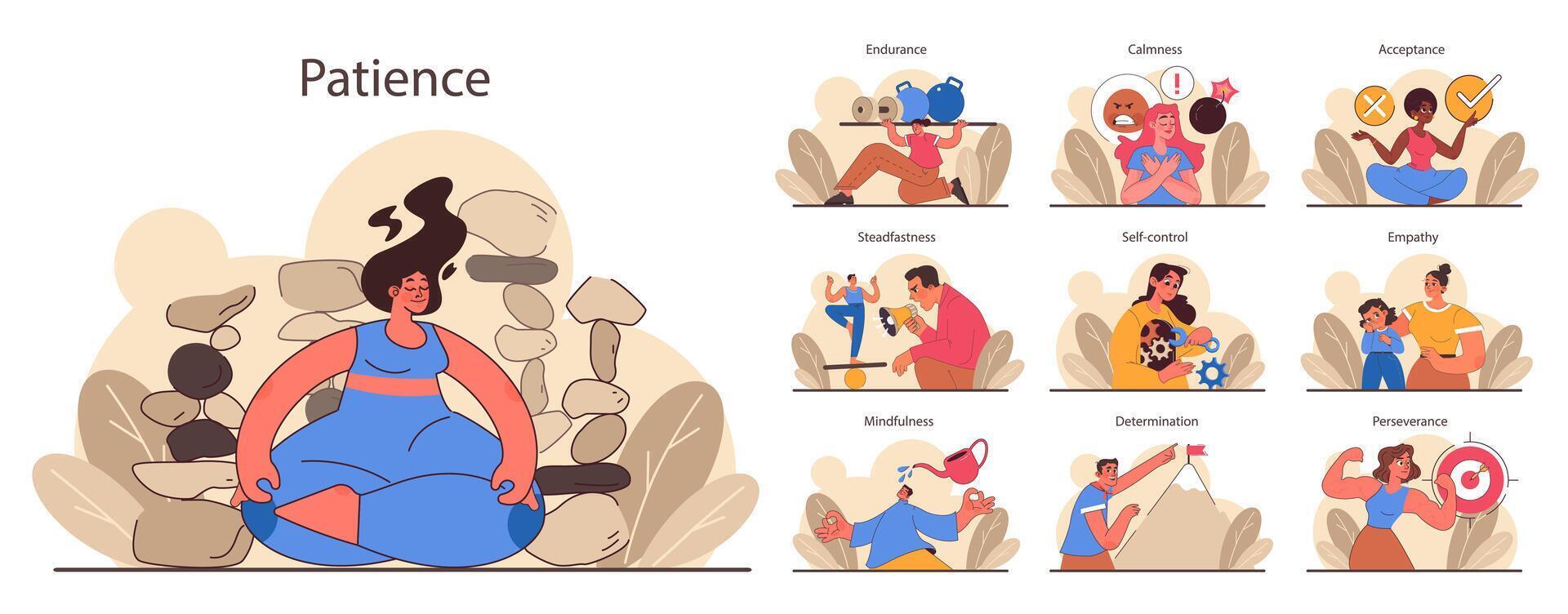 Patience set. Calm person meditating and finding balance. Mental or emotional vector