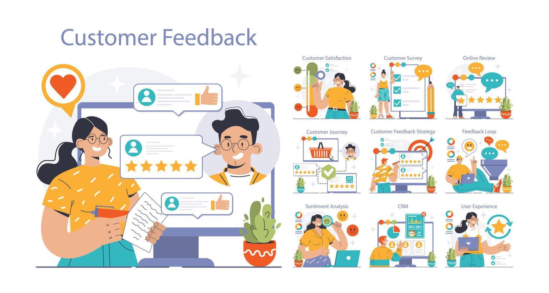 Customer feedback set. Consumer reviews public exchange. Sharing vector