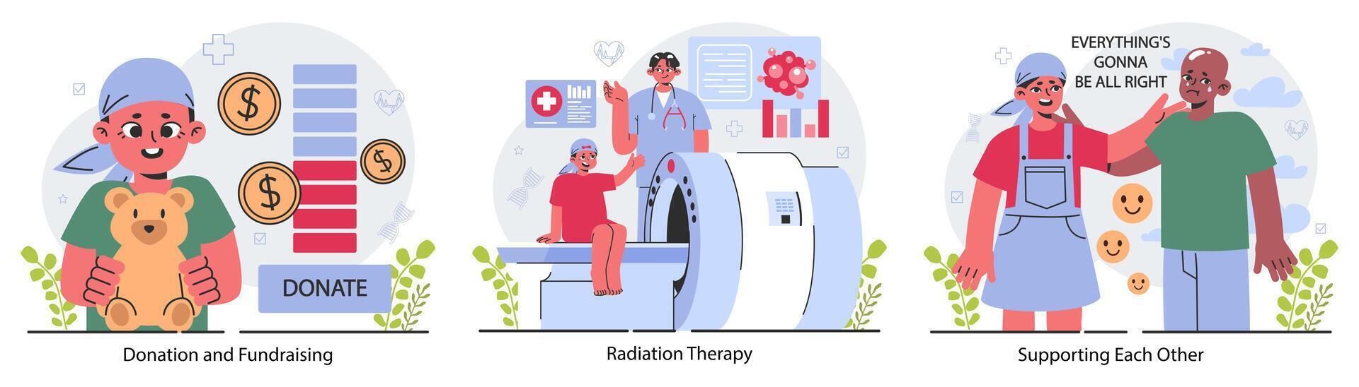 Childhood cancer set. Oncology diagnostic and treatment. Chemotherapy vector
