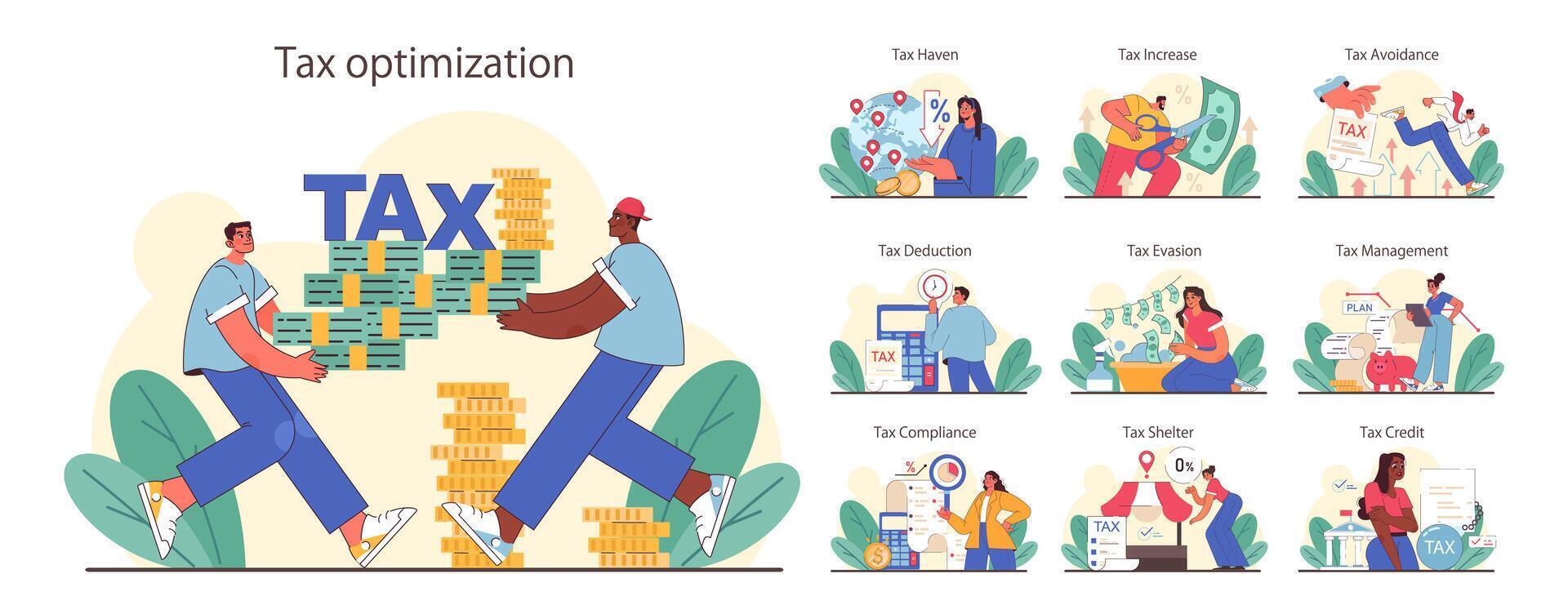 Tax optimization set. Financial efficiency, budgeting and economy idea vector