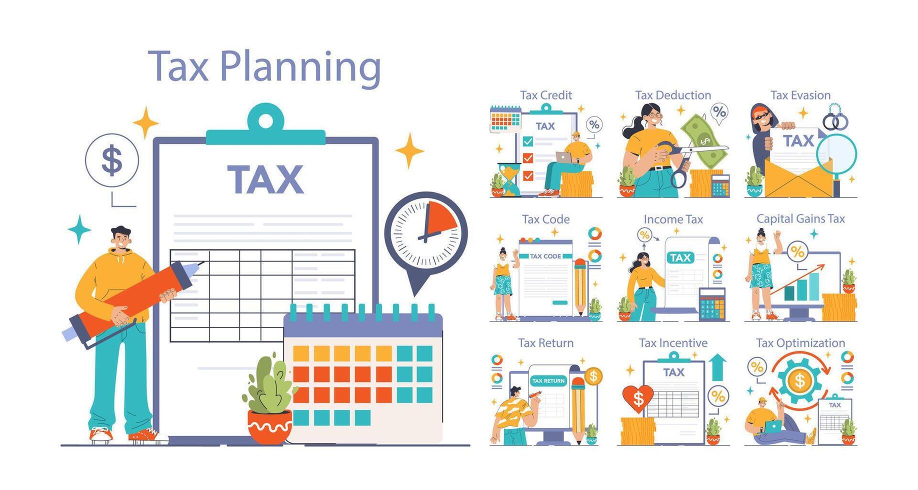 Tax optimization set. Financial efficiency, budgeting and economy idea. vector