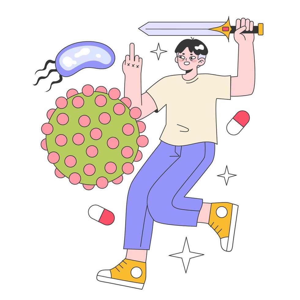 Healthy adult man reflect bacteria and virus attack with a sward. Immunity vector