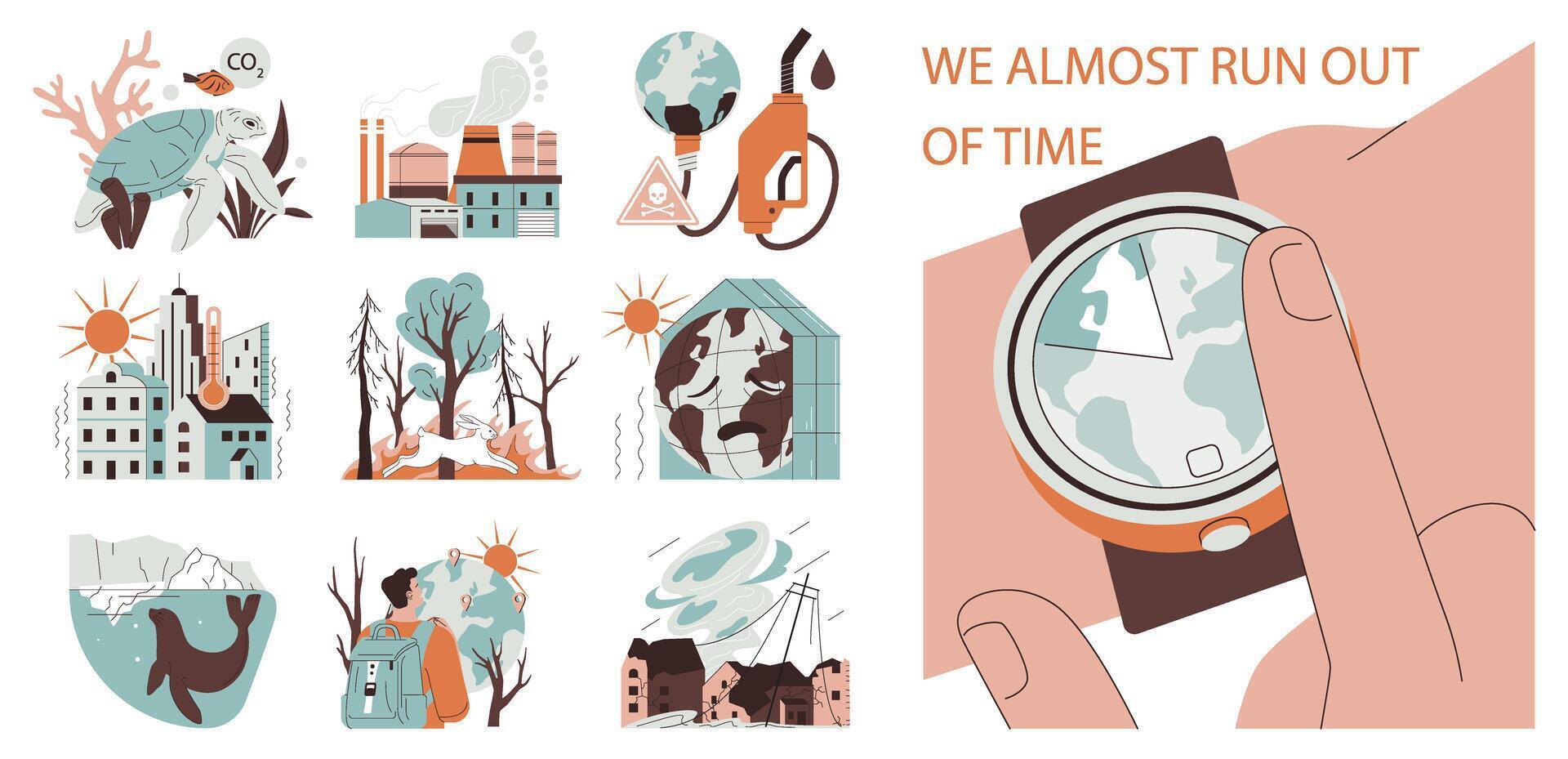 Climate change set. Pollution and CO2 emission affect on earth, causing vector