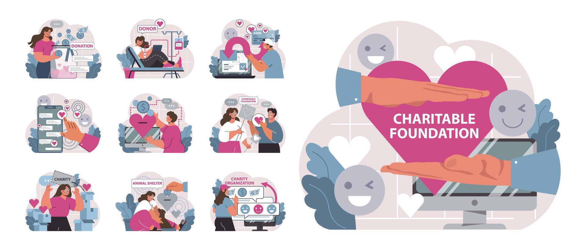 Charity and charitable foundation set. Help for people in need. Humanitarian vector