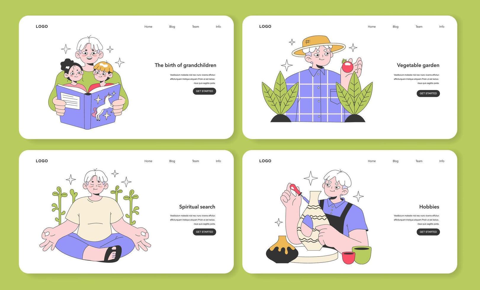 Senior life milestones web banner or landing page set. Getting old and maturing vector