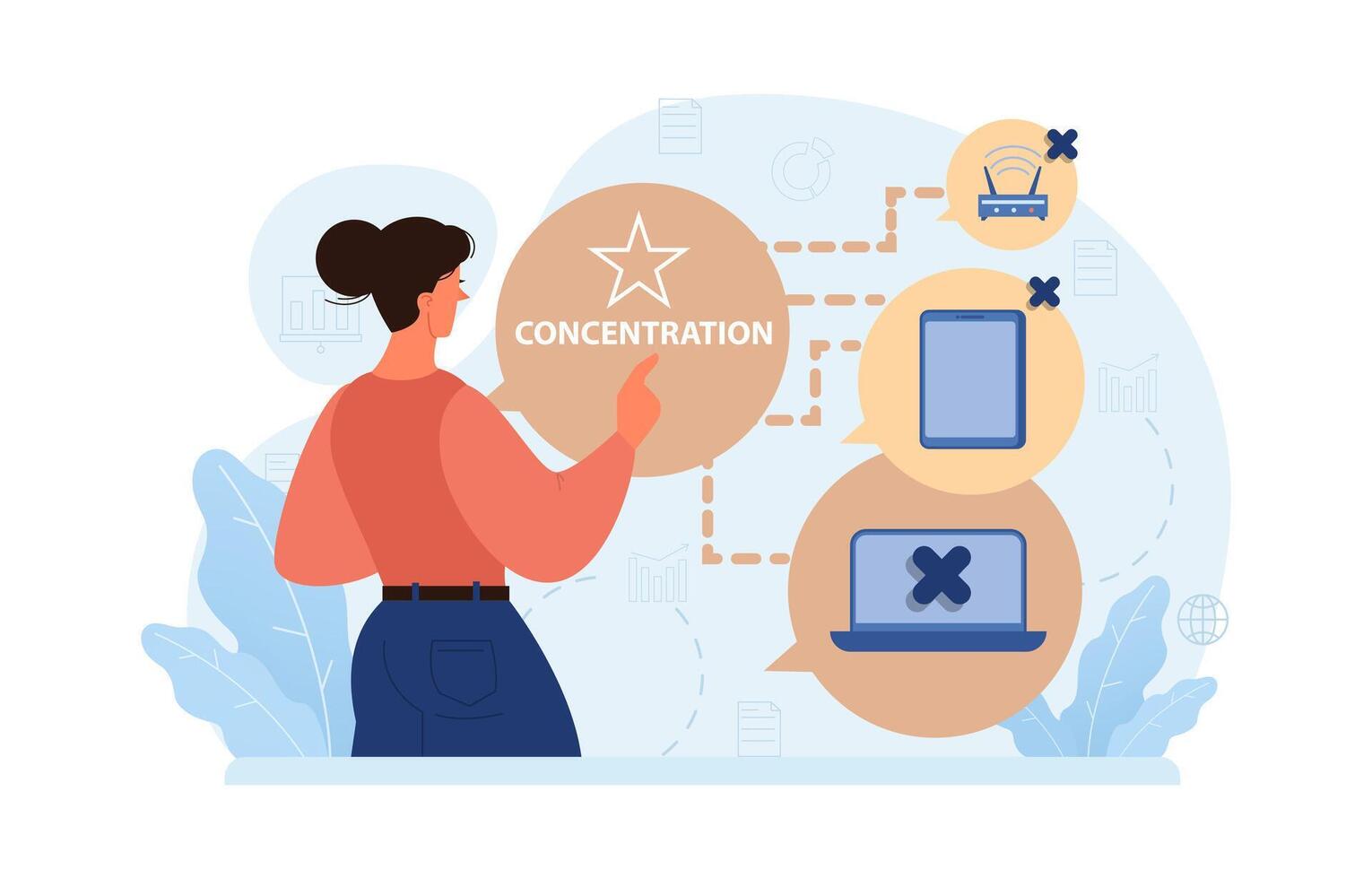 Hyperfocus. Focus and concentration skill. Self-discipline and time vector