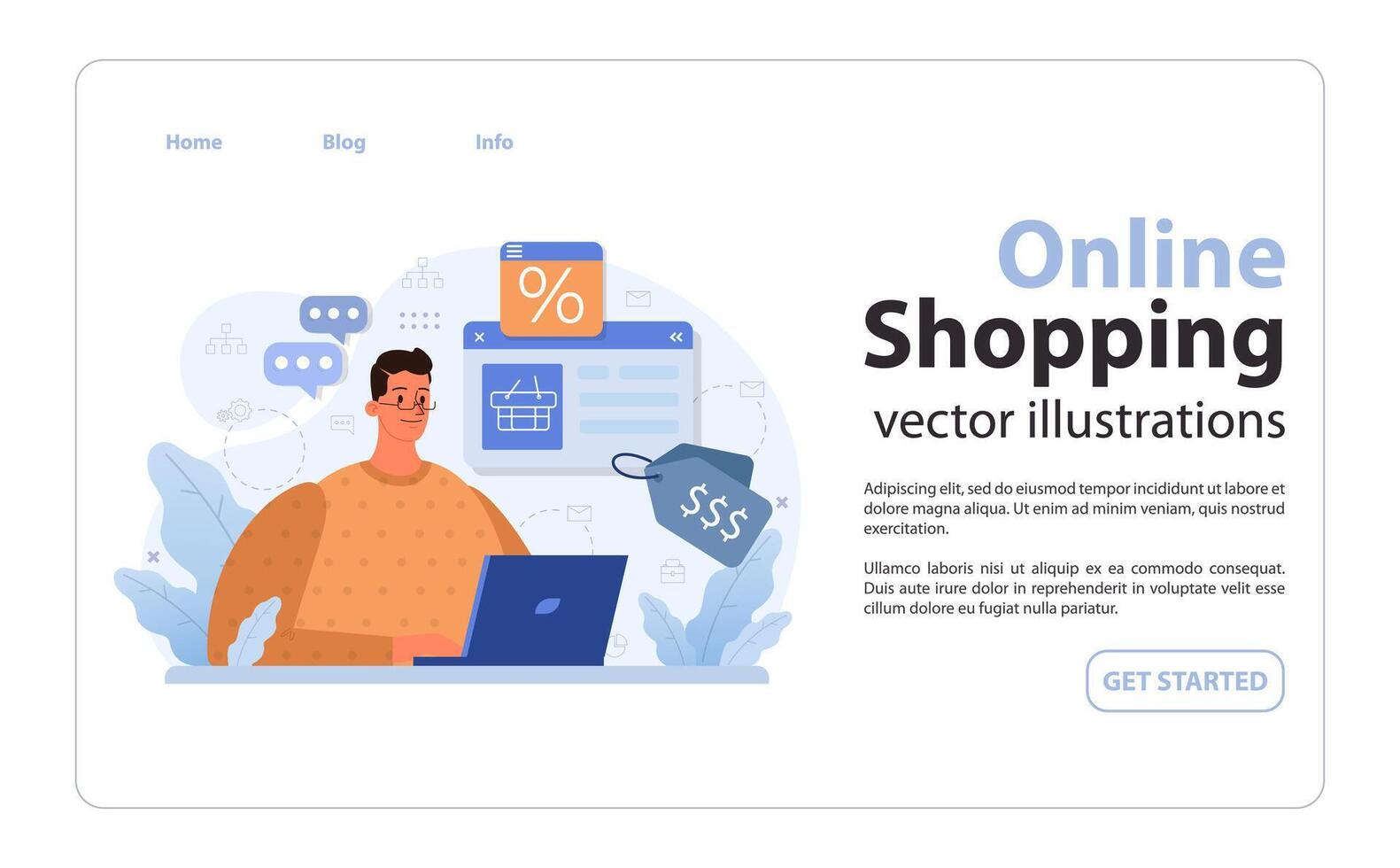 E-commerce web banner or landing page. Online shopping, male character vector