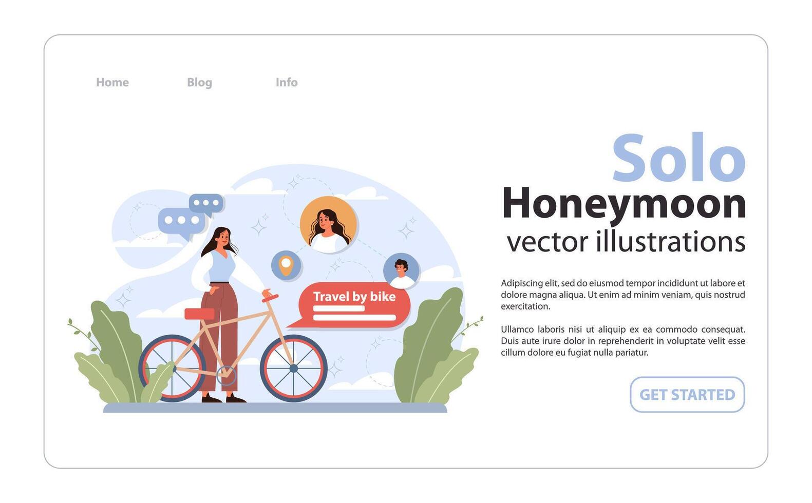 Solo travel, honeymoon web banner or landing page. Female character vector