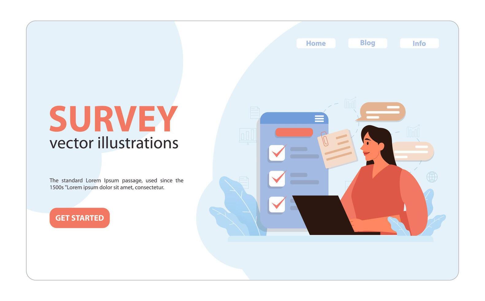 Public opinion polling web banner or landing page. Female character vector