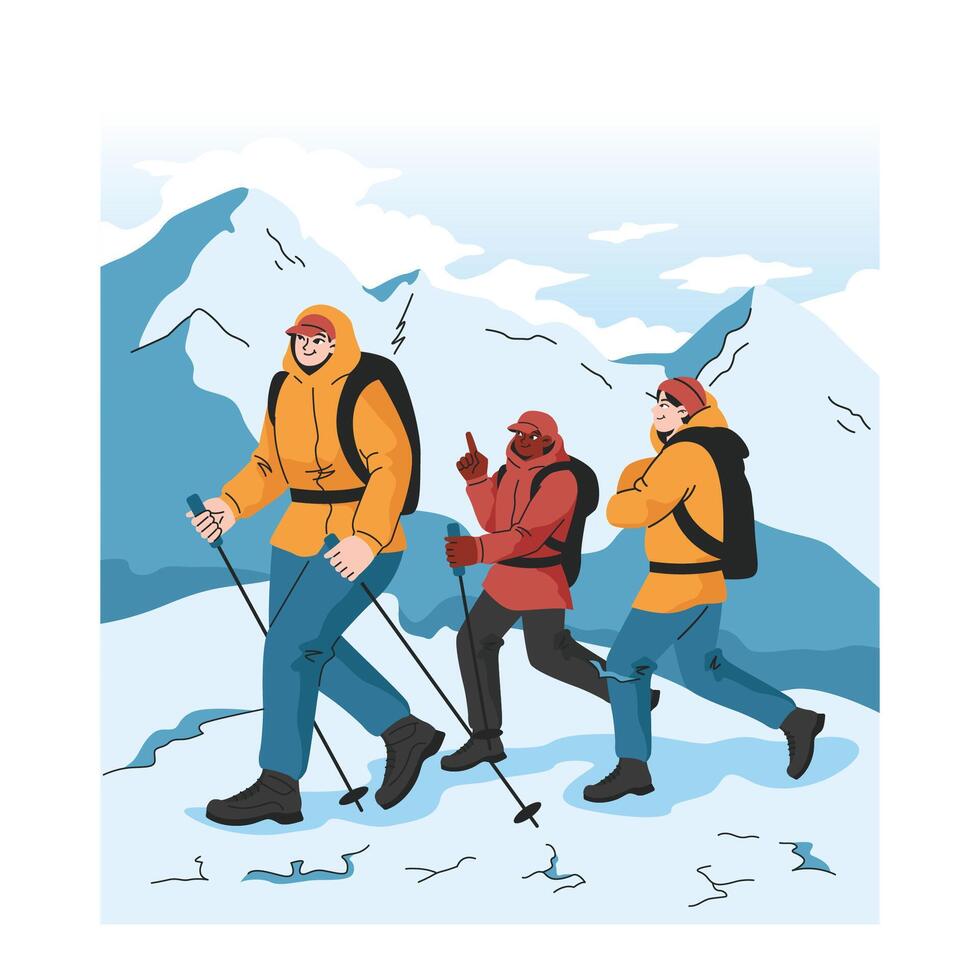 Mountaineering. Mountain climbers with backpacks during nature vector
