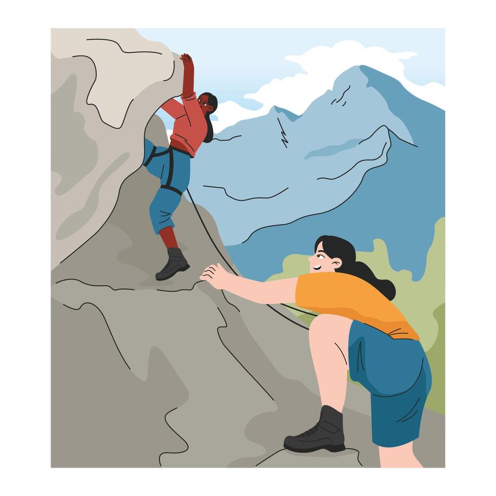 Mountaineering. Mountain climbers with backpacks during nature vector