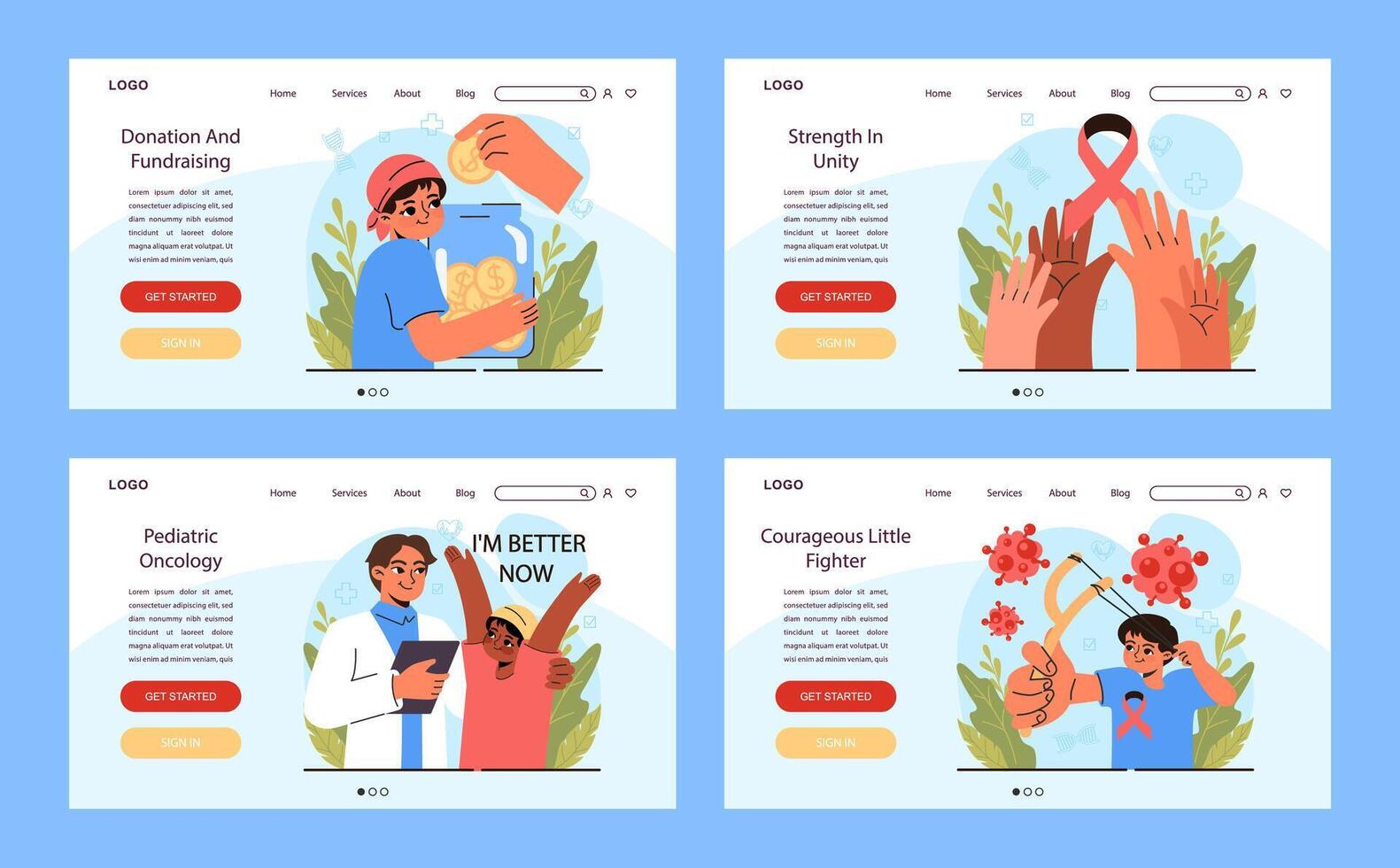 Child cancer web banner or landing page set. Little kid getting vector