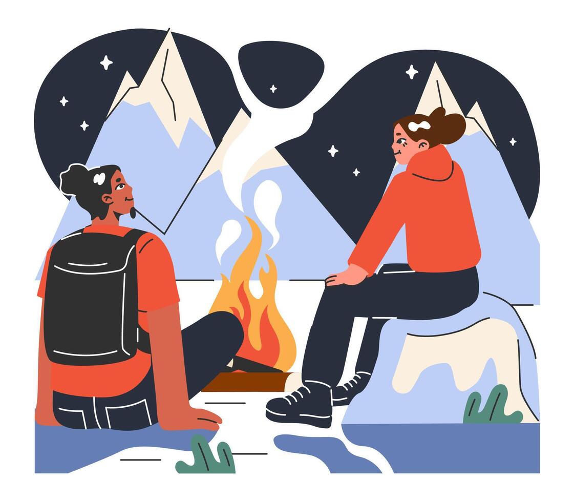 Mountaineering. Mountain climbers with backpacks during nature vector