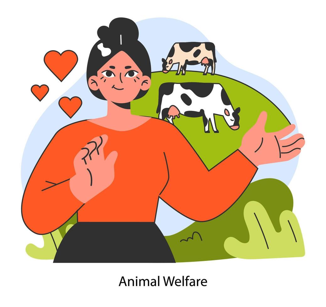 Animal welfare. Cows grazing in the meadow. Cruelty free vector