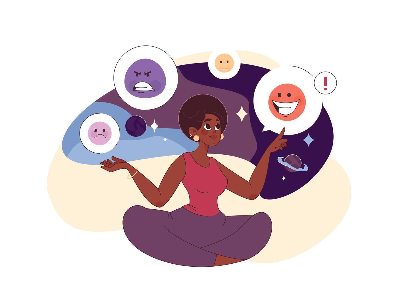 Emotional self-regulation. Young black woman aware of her emotions vector