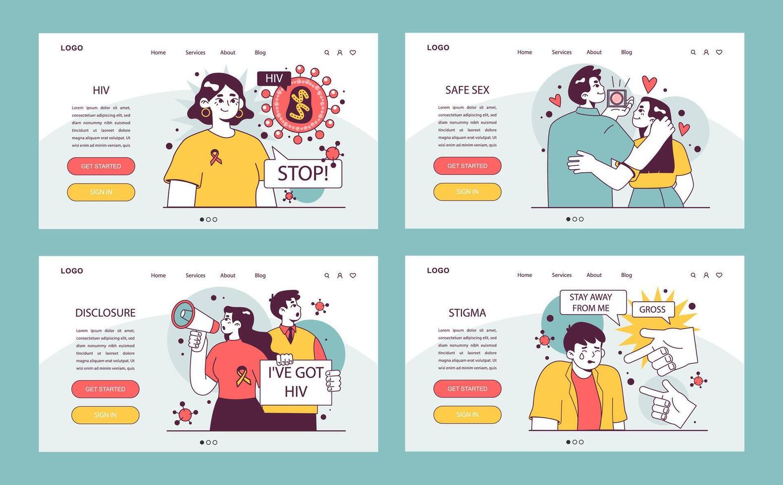 World AiDs day web banner or landing page set. HIV, immunodeficiency vector