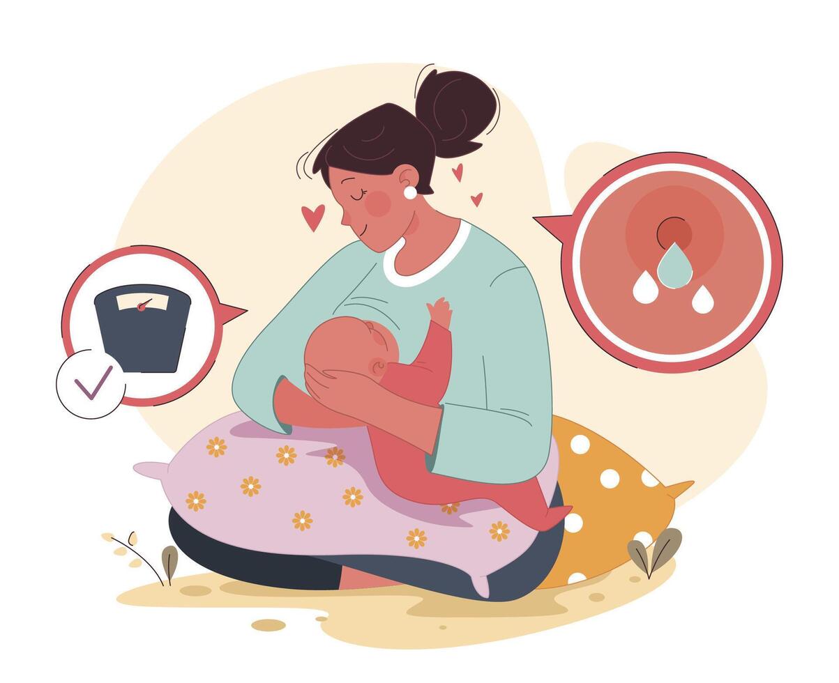 Parenthood and motherhood experience. Happy mother breastfeeding vector