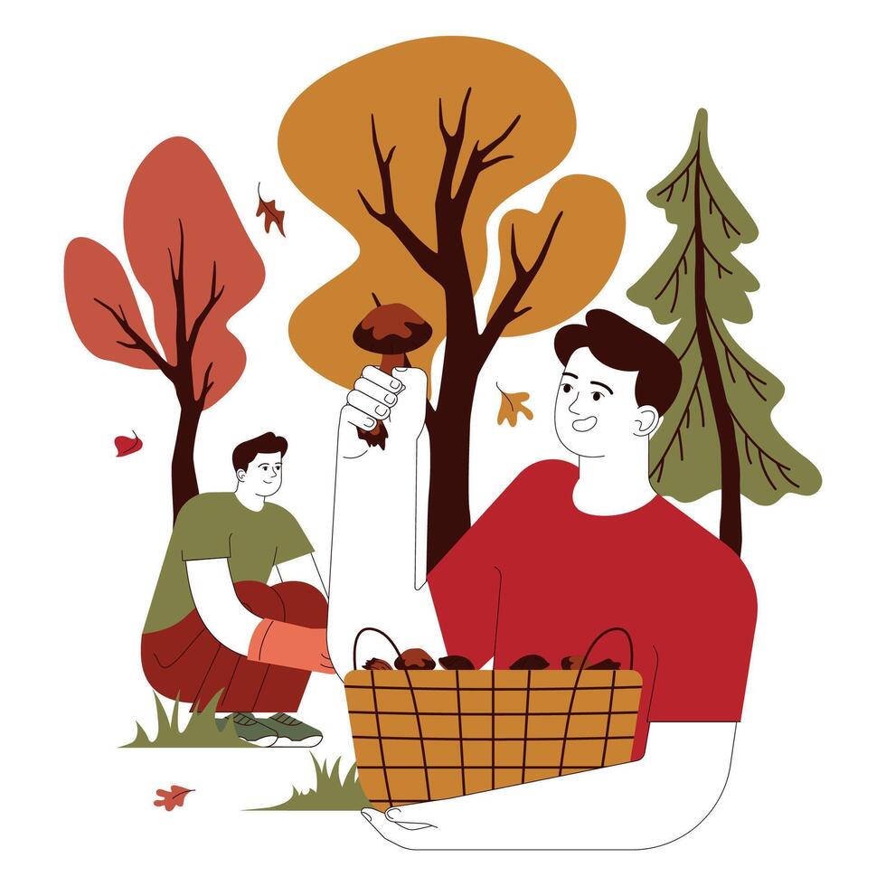 Happy men foraging mushrooms in the autumn forest. Characters spending vector