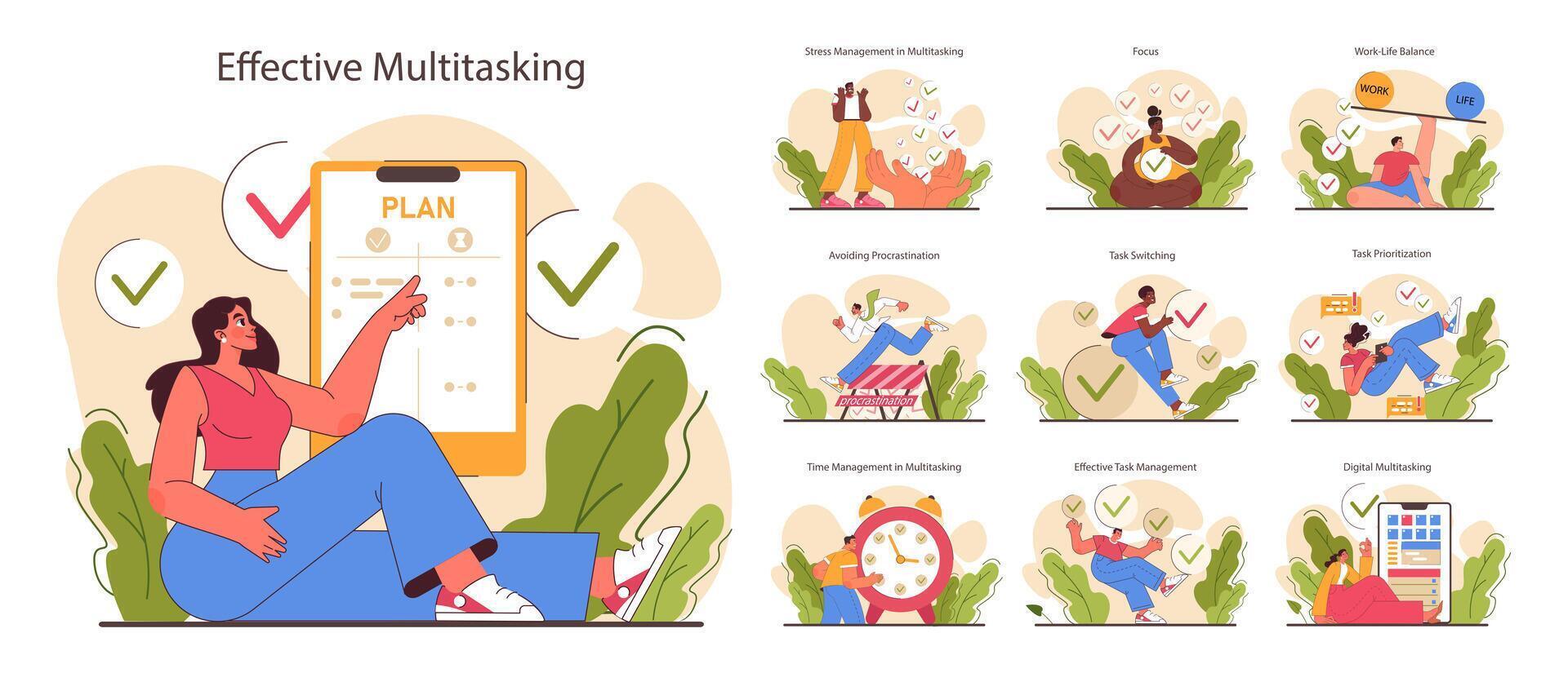 Multitasking set. Effective and competent office worker time vector