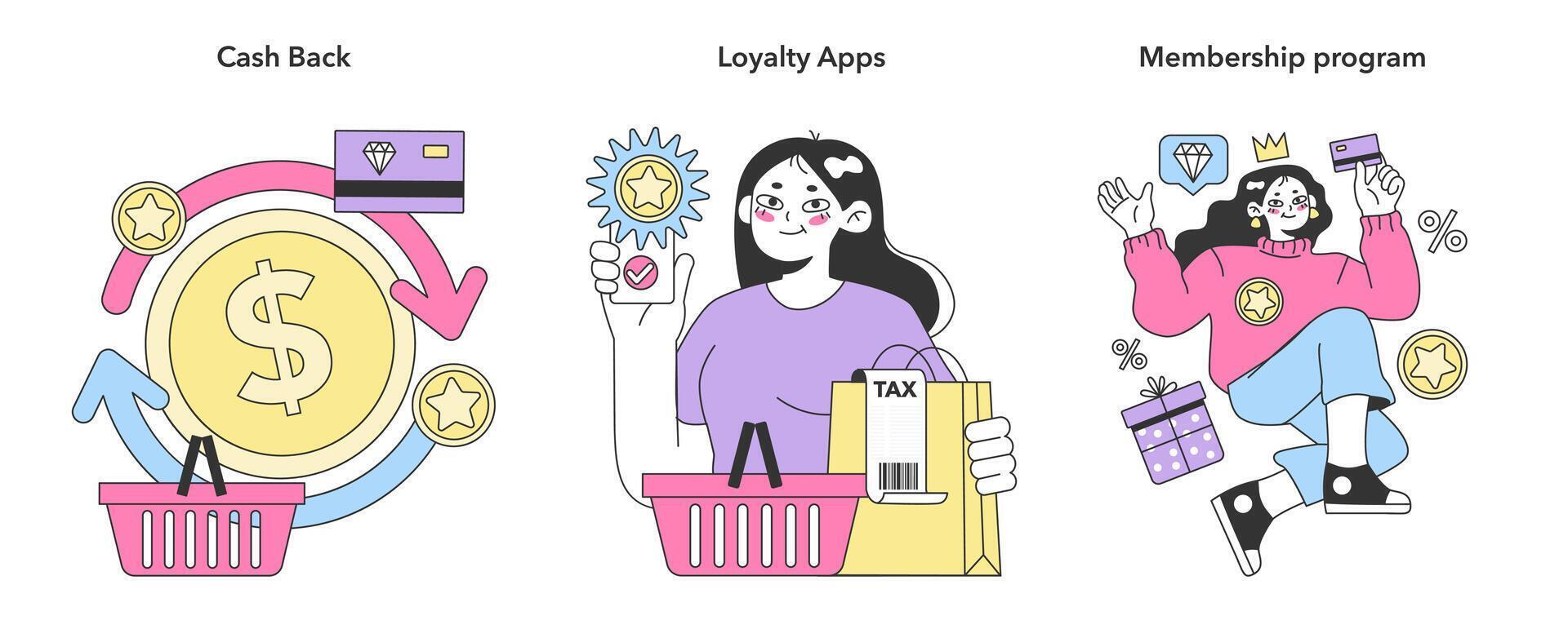 Loyalty program set. Rewards, offers, cashback and card points. vector