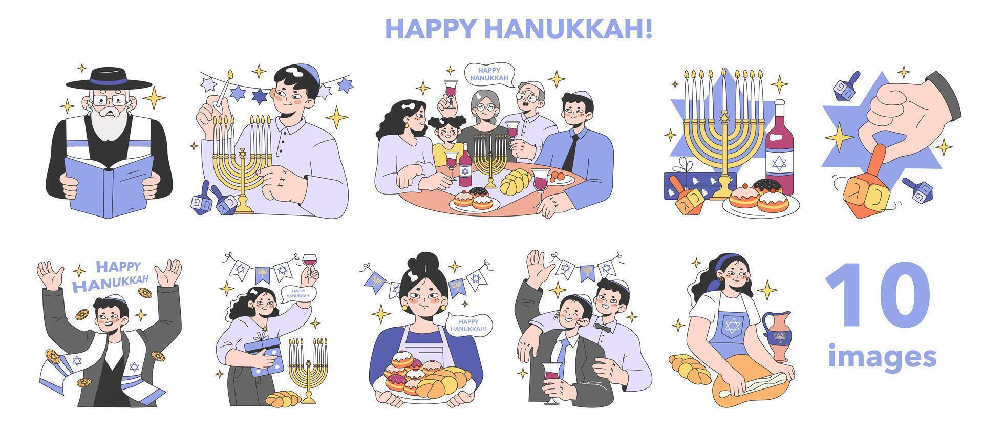 Hanukkah celebrating set. Family gathering on religious holidays. vector