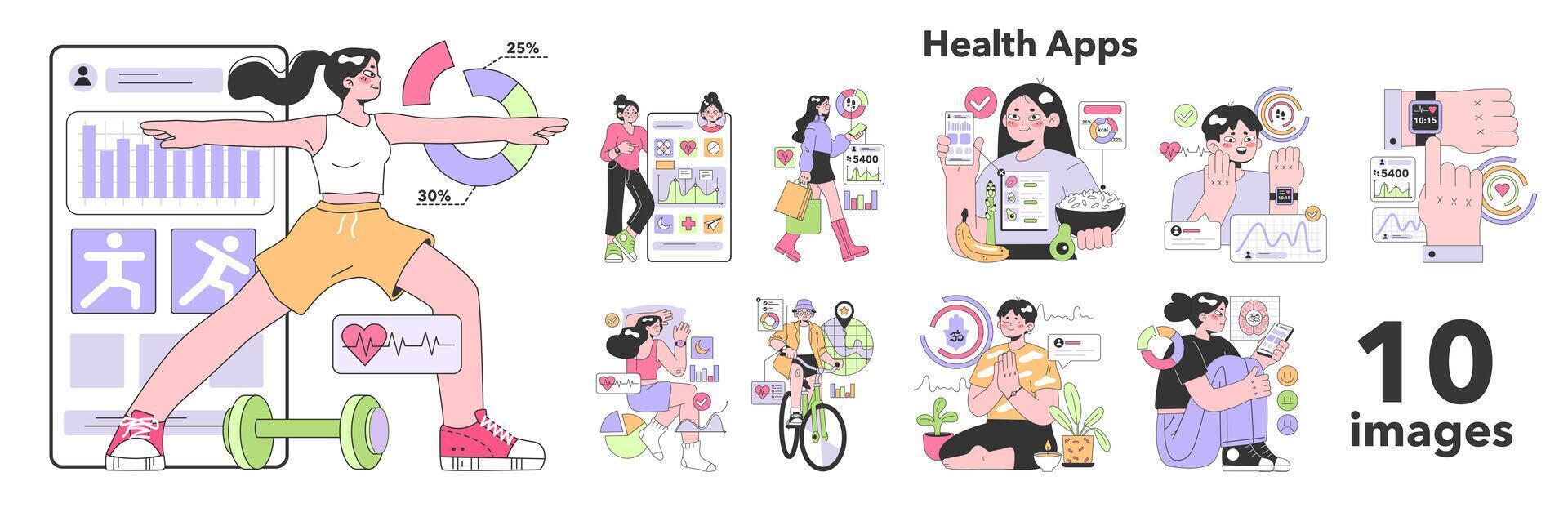 Health applications set. Characters using digital device and gadgets vector
