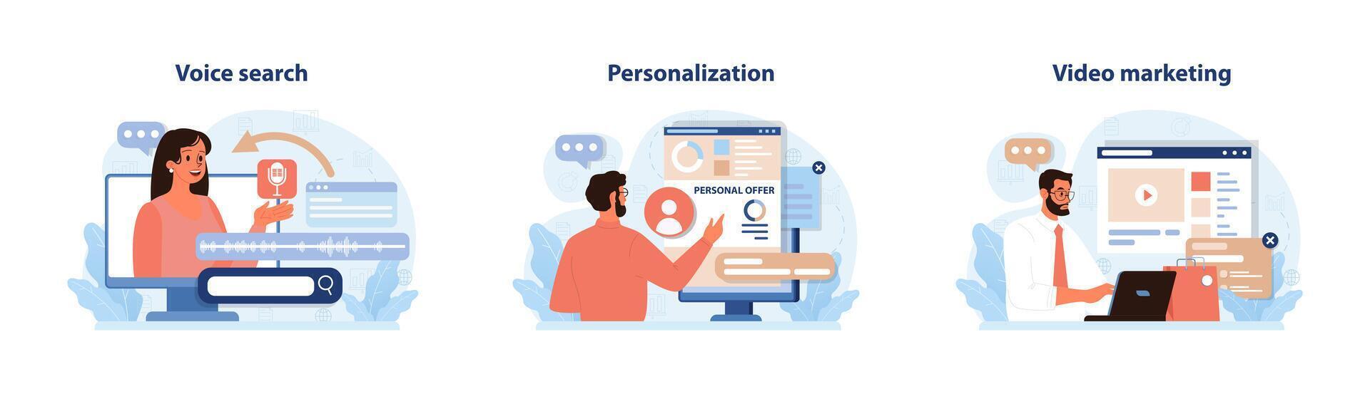 Digital marketing set. Marketing strategy development innovative techniques, vector