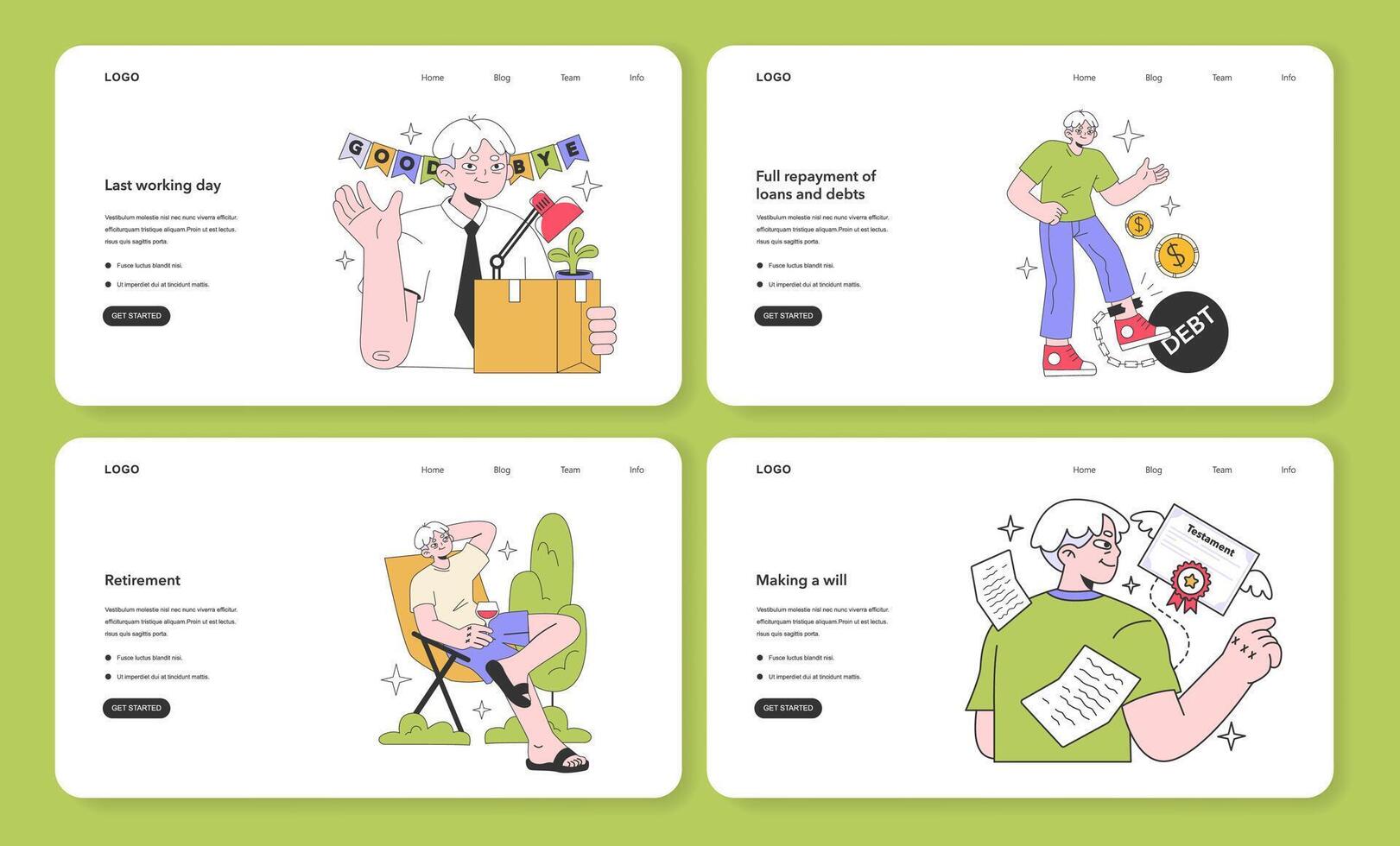 Senior life milestones web banner or landing page set. Getting old and maturing, vector