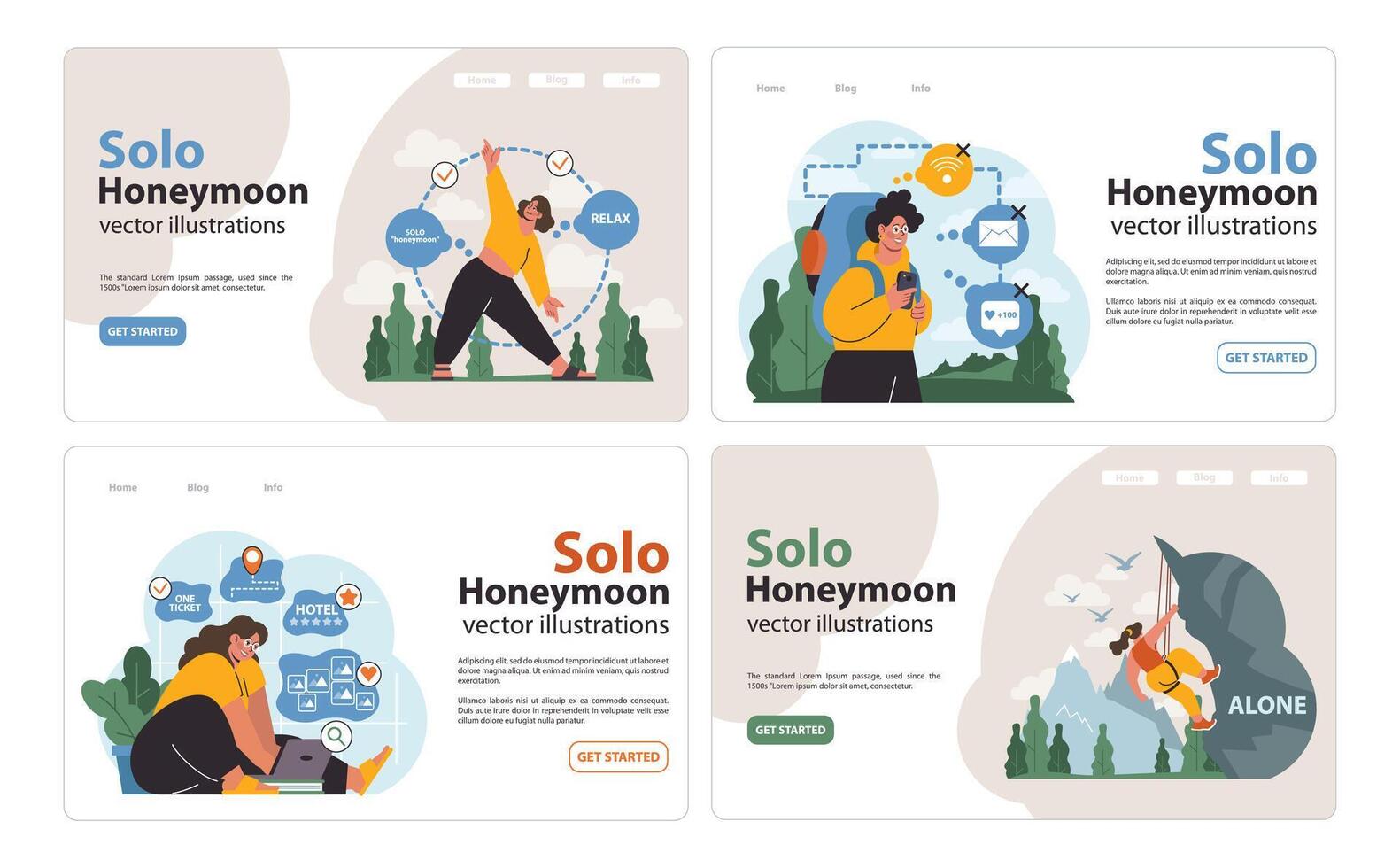 Solo travel, honeymoon web banner or landing page set. Female character vector