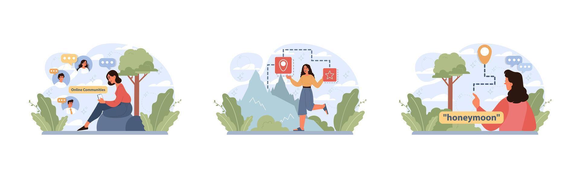 Solo travel, honeymoon set. Female character traveling alone. vector