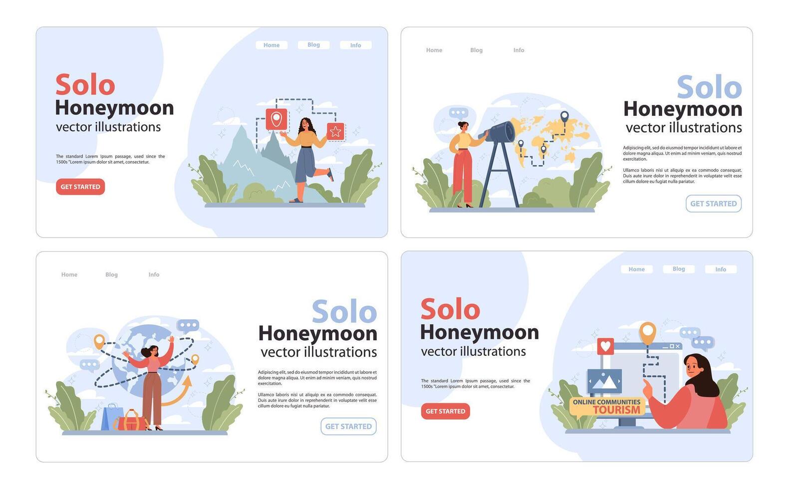 Solo travel, honeymoon web banner or landing page set. Female character vector