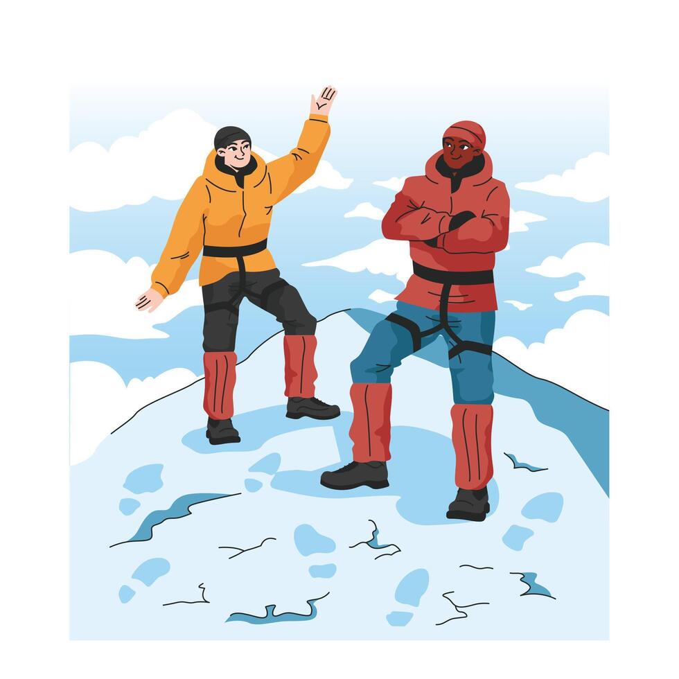 Mountaineering. Mountain climbers with backpacks during nature vector