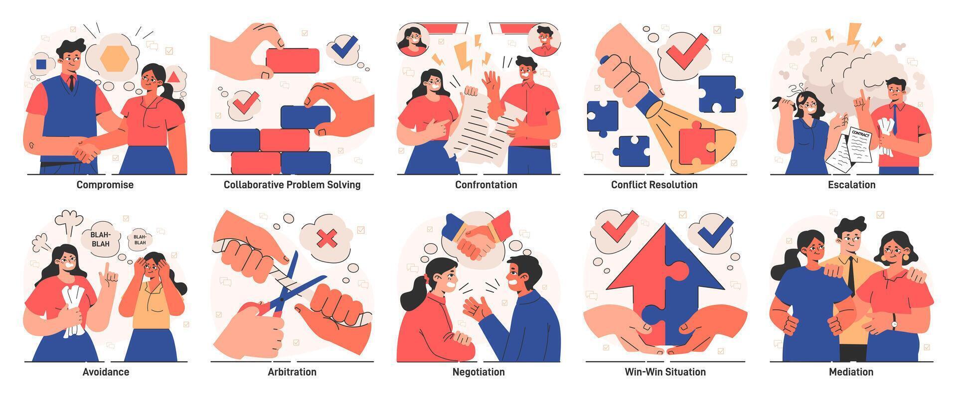 Conflict management set. Character with conflict resolution skill. Person vector