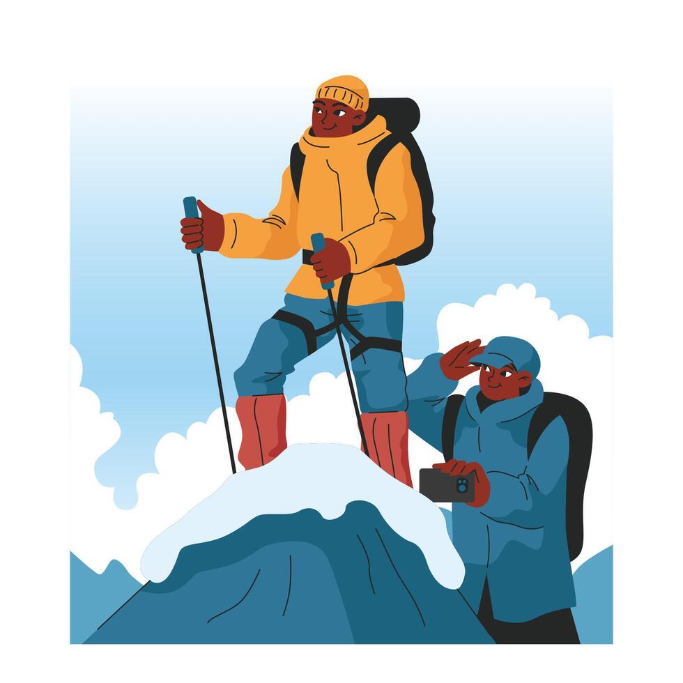 Mountaineering. Mountain climbers with backpacks during nature vector