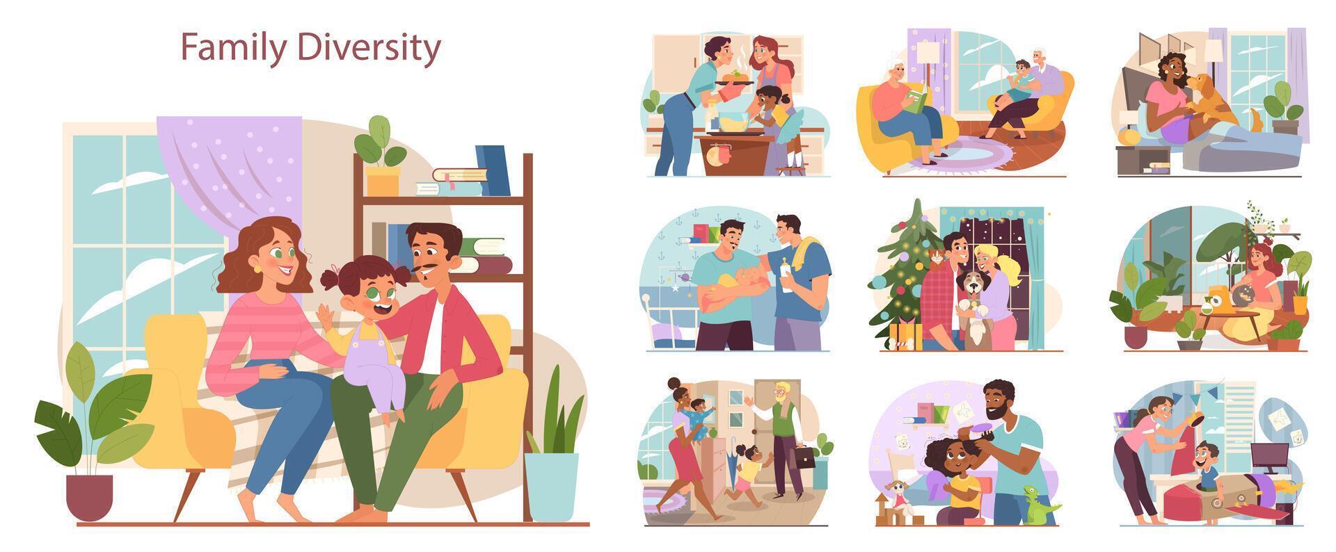 Different diverse family set. Single parents, LGBT partners, single people vector