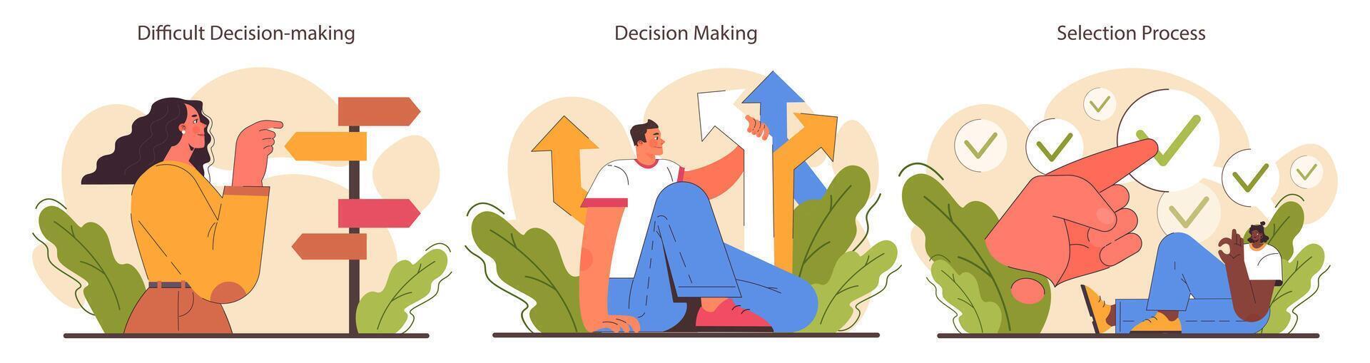Decision-making set. Strategic thinking, brainstorming and solution research. vector