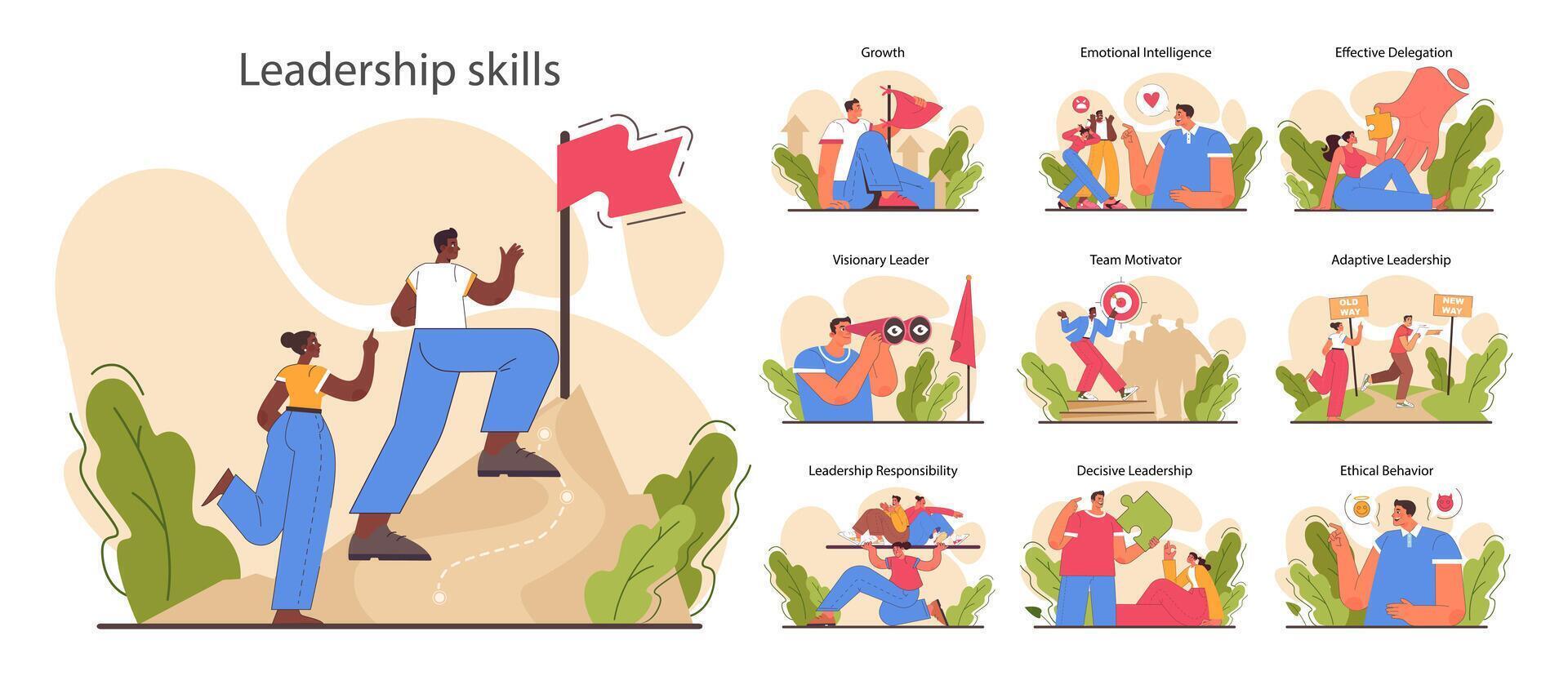 Leadership skills set. Top manager soft skills and professional qualities vector