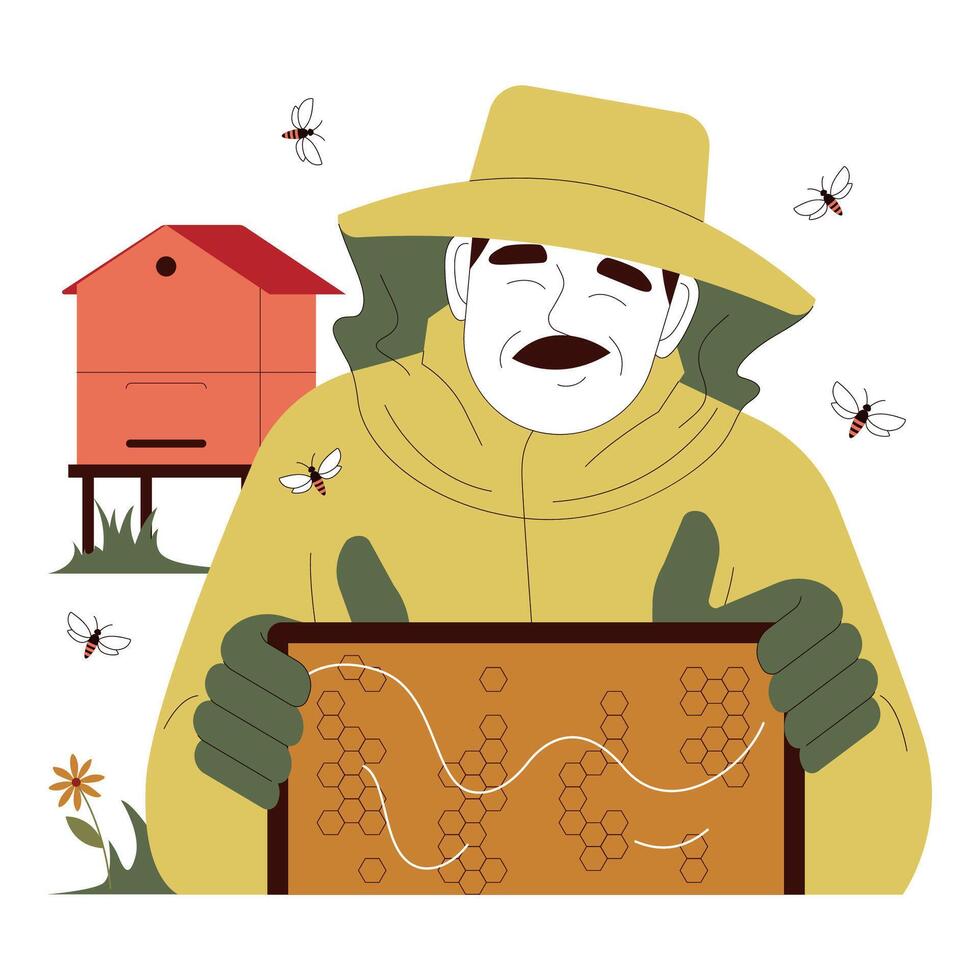 Beekeeping. Senior man in a suit harvesting honey. Old man farmer beekeeper vector